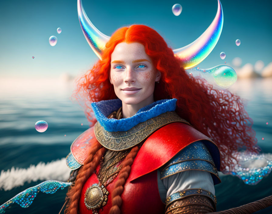 Smiling female warrior fantasy portrait with red hair and moon horns