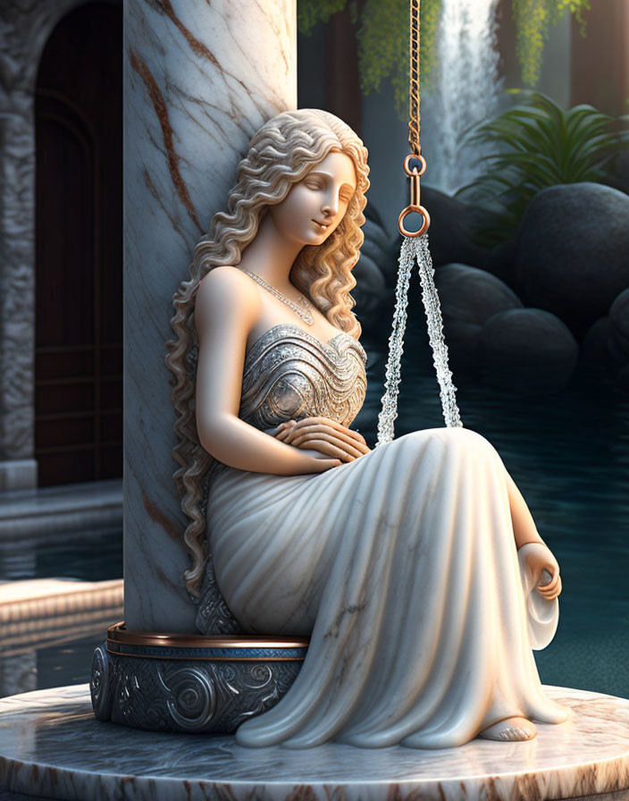 Serene woman statue by water with flowing hair, dress, column, and waterfall.