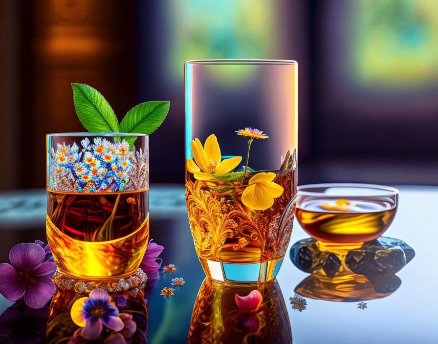 Ornately Decorated Glasses with Amber Liquid and Flowers on Glossy Surface