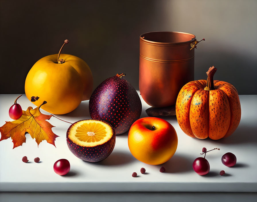 Fruit still life with persimmon, plum, cherries, apple, leaf, and copper