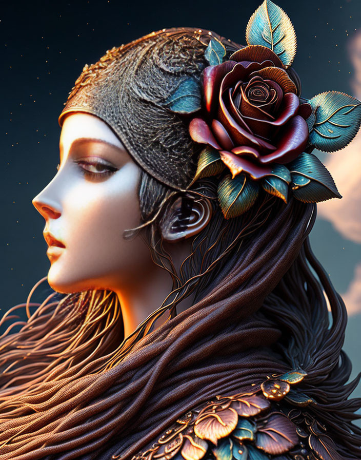 Digital artwork featuring woman with metallic headdress and red rose against night sky.