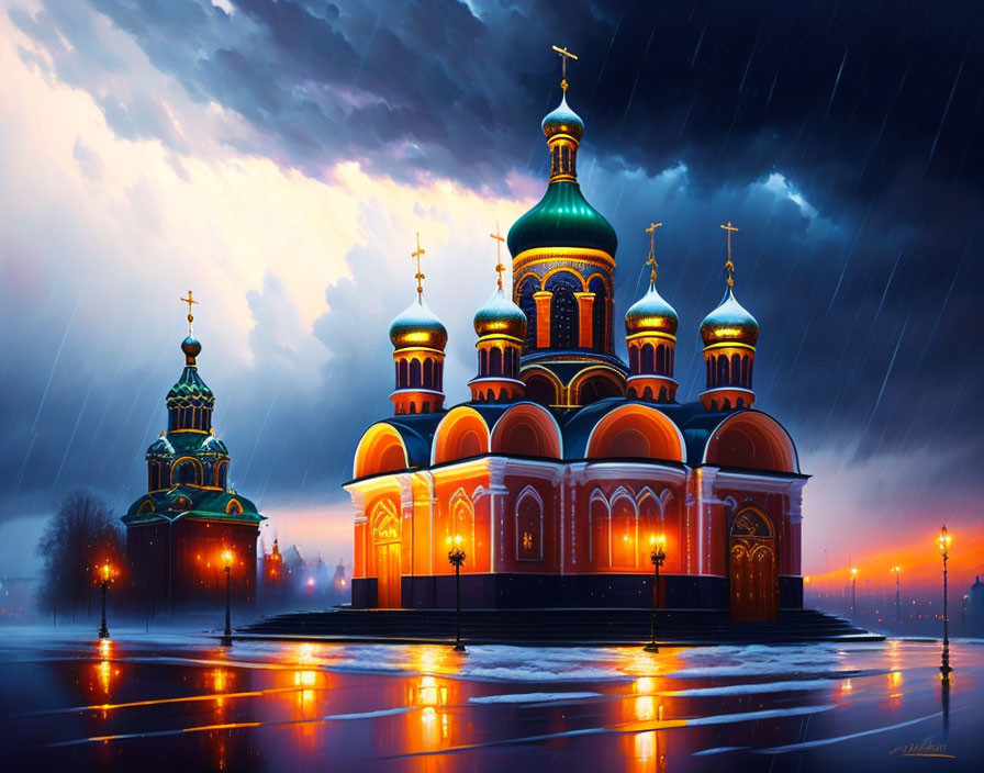 Illuminated church with golden domes in rainy twilight sky