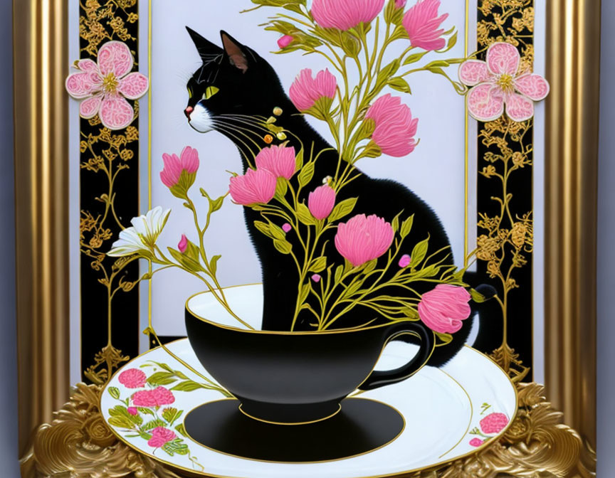 Black and white cat in teacup with pink flowers and gold frame