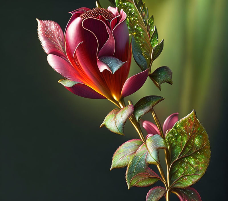 Vibrant red flower with intricate petals and green leaves on dark background