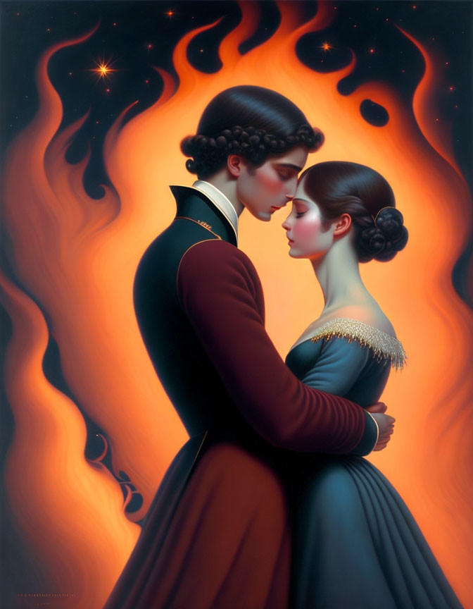 Surreal illustration of man and woman embracing in fiery waves