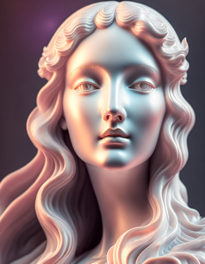 Classical female bust with wavy hair and serene expression in warm gradient tones