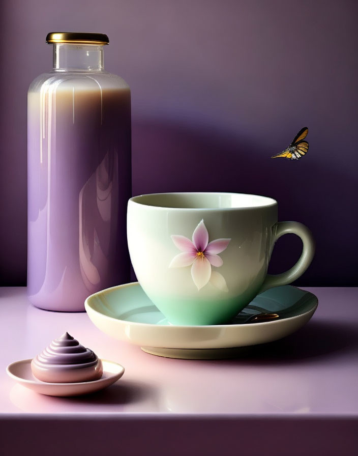 Tranquil still life with butterfly, cup, saucer, flower, lavender bottle, and pink