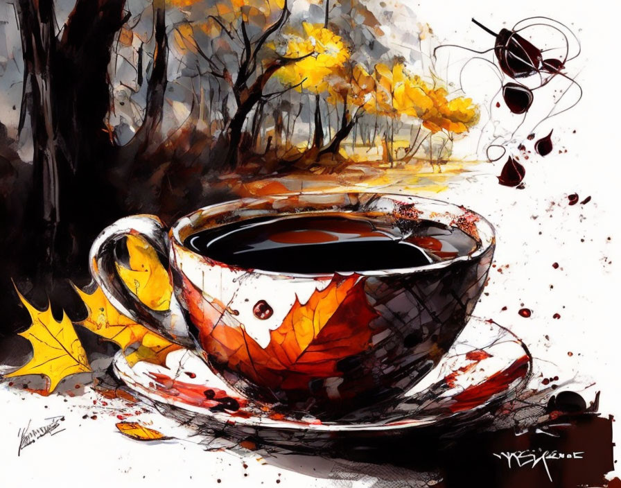 Vibrant autumn painting with coffee cup, leaf motif, falling leaves, and spilled coffee beans