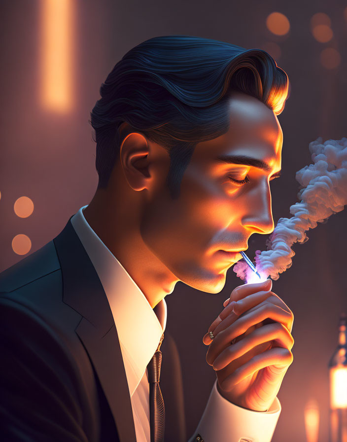 Man in Suit Lighting Cigarette with Smoke Against Warm, Dimly-lit Background