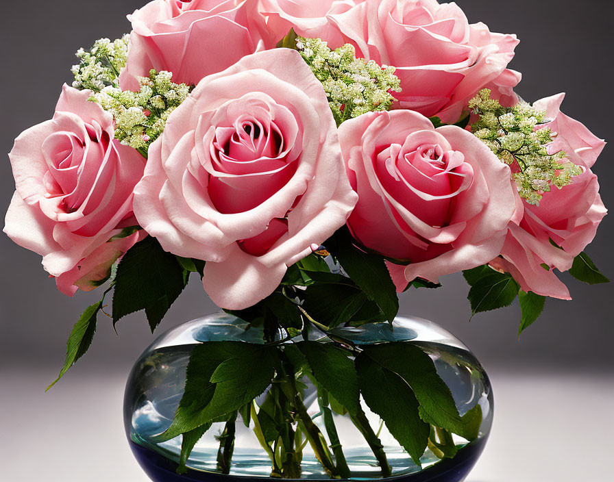 Pink roses bouquet with baby's breath in clear glass vase on grey background