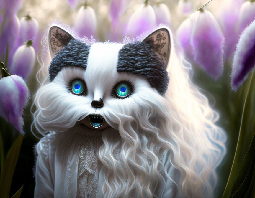 White Fluffy Creature with Cat Ears in Purple Tulip Setting