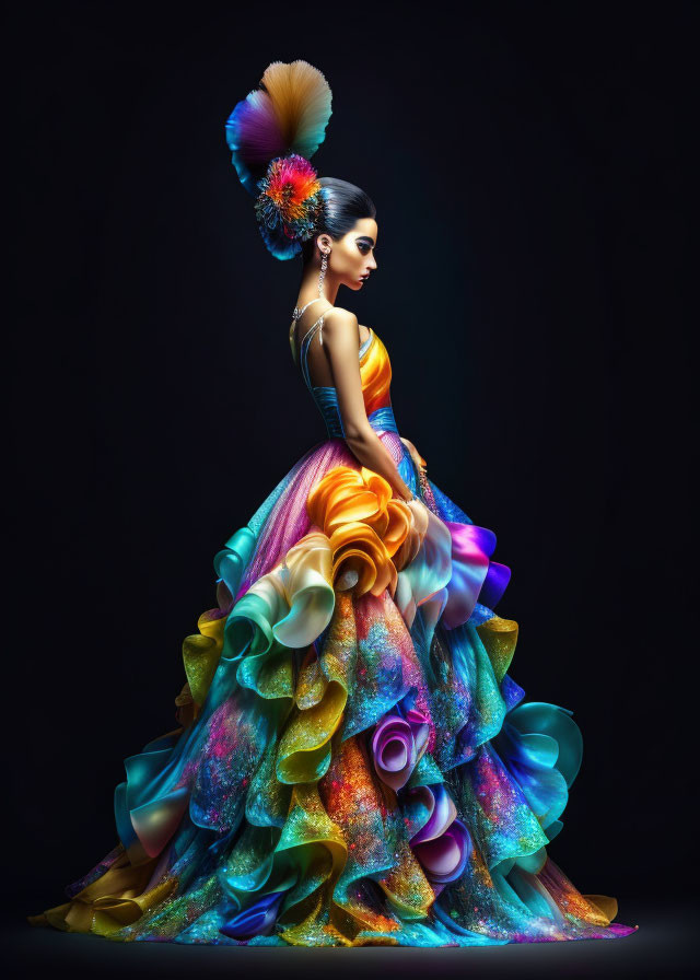 Colorful gown and feathered headpiece on woman against black background