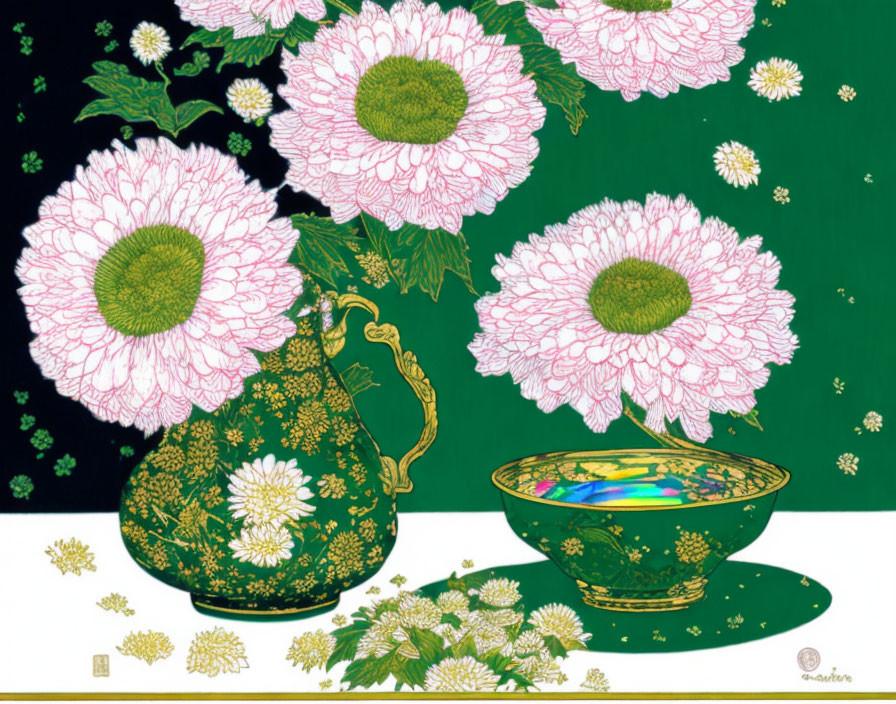 Pink peonies in green vase and bowl on dark green background with gold accents.