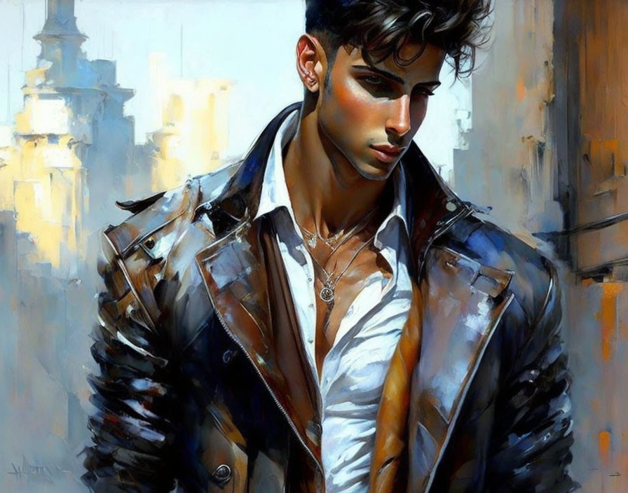 Stylized painting of young man in leather jacket and white shirt