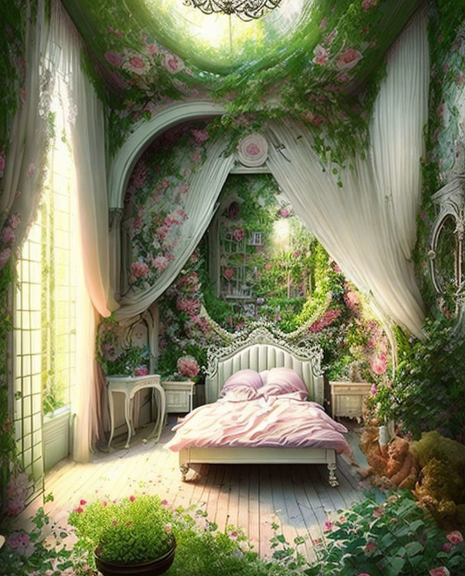 Enchanted fairy-tale bedroom with greenery, floral decor, pink bed