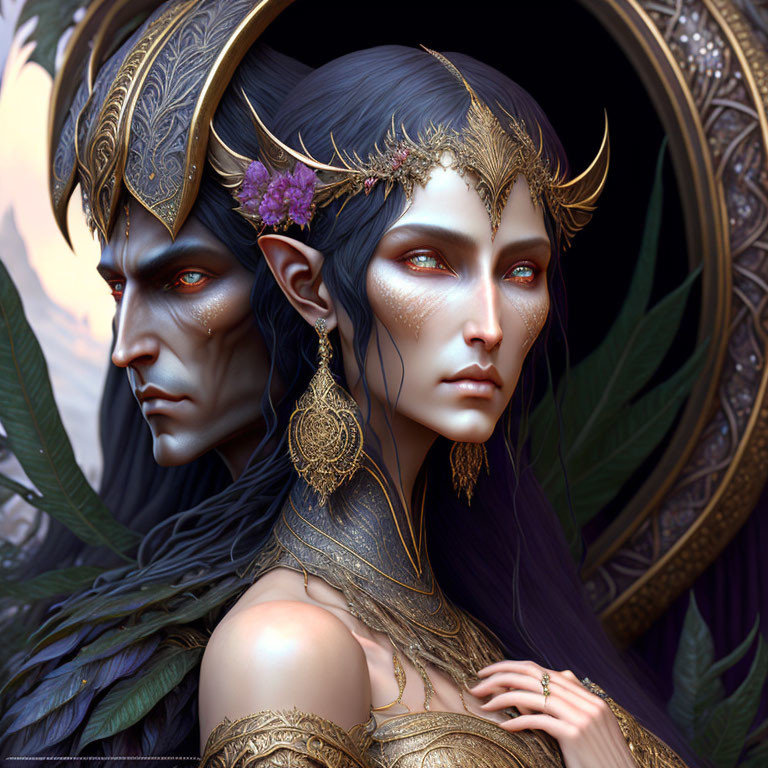 Illustration of regal elf-like characters in golden attire