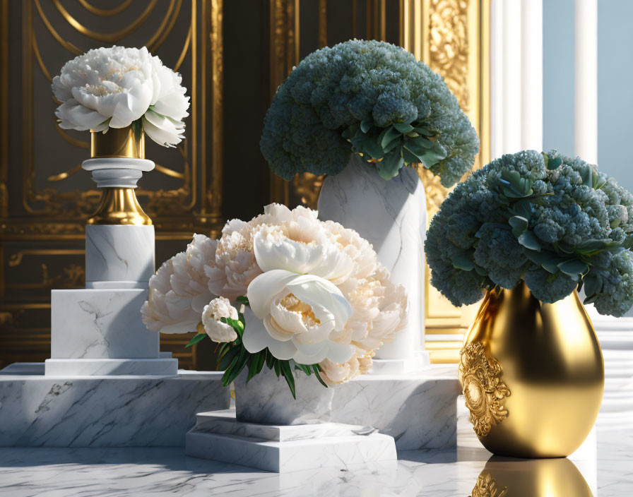 Luxurious white and green floral arrangements in gold and marble vases