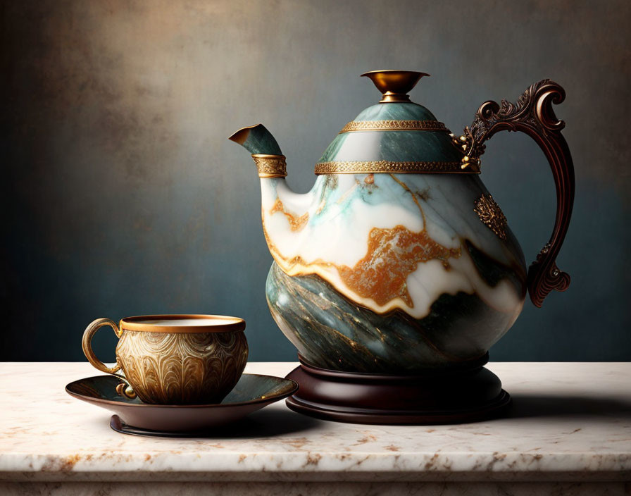 Marble Teapot with Golden Lid and Cup Set on Table