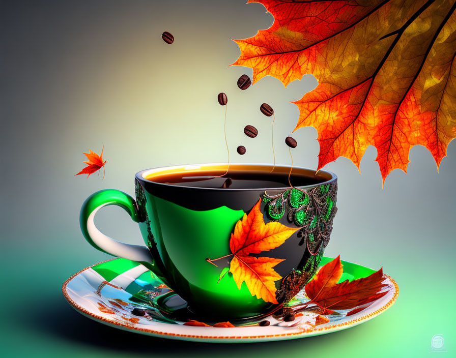 Colorful artwork featuring green cup and saucer with coffee, floating beans, and autumn leaves on soft