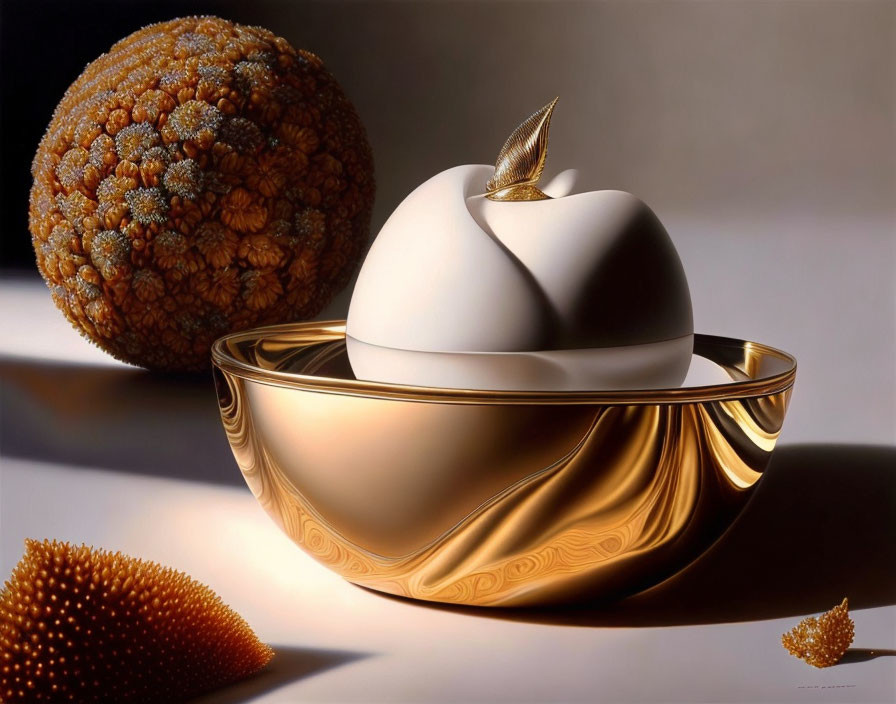 Hyperrealistic Painting: Golden Bowl with Apple Sculpture on Textured Background