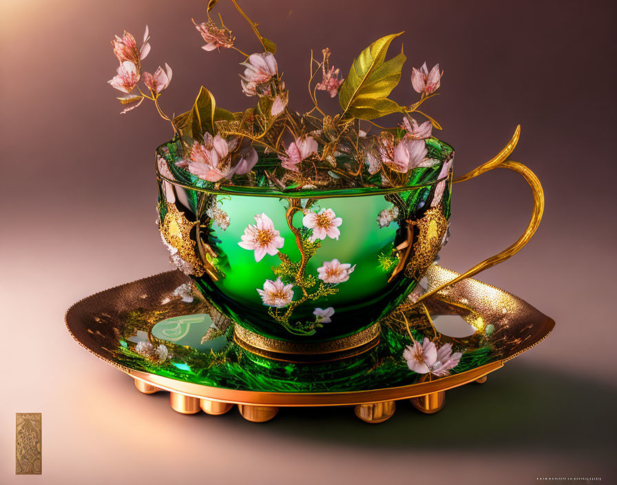 Green and Gold Floral Cup and Saucer with Flowering Branches