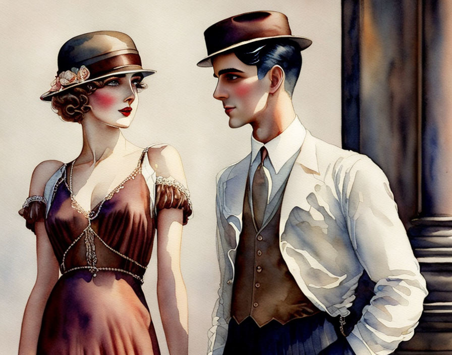 1920s Flapper Woman and Dapper Man in Vintage Attire Standing Together