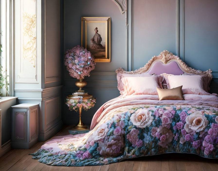 Classic Bedroom with Floral Bedding and Ornate Headboard