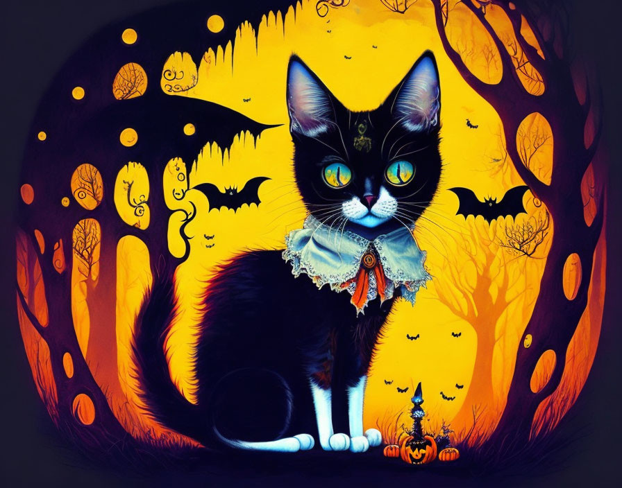 Stylized black and white cat on Halloween-themed background