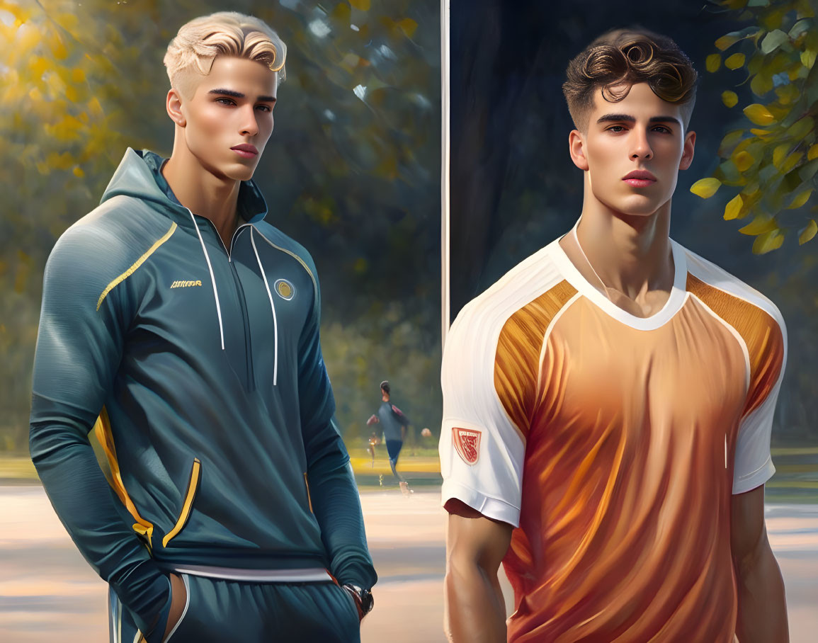 Stylized digital artwork of two athletic males in sportswear with park background