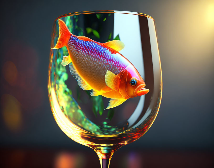 Colorful Fish in Wine Glass with Light Reflections