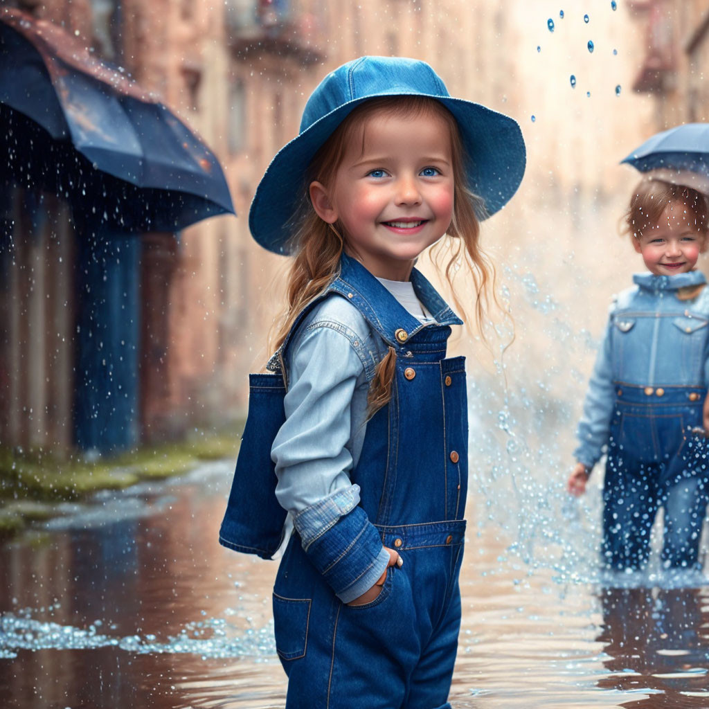 Two happy children in rain with umbrella and blue hat.