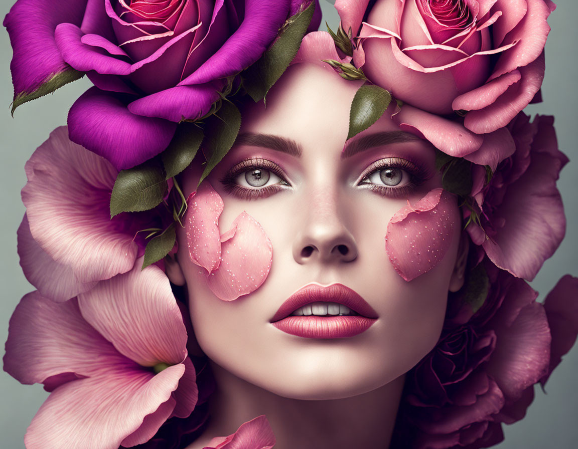 Woman with pink and purple rose floral headdress and dew drops, soft makeup, gazing at viewer