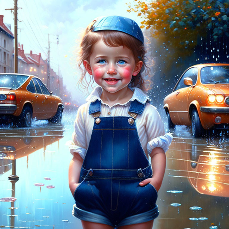 Young girl in denim overalls and cap on rain-soaked street with cars and puddles