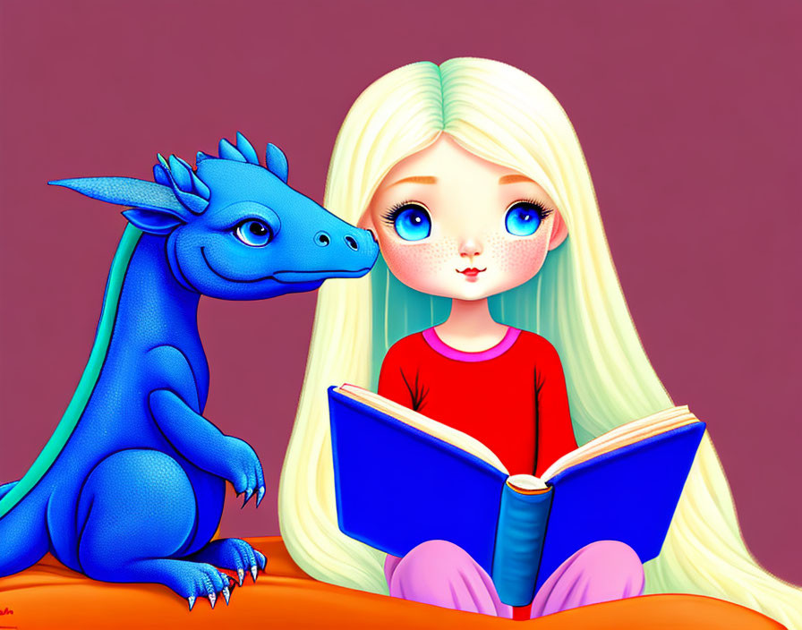 Blonde girl reading book next to blue dragon on maroon background