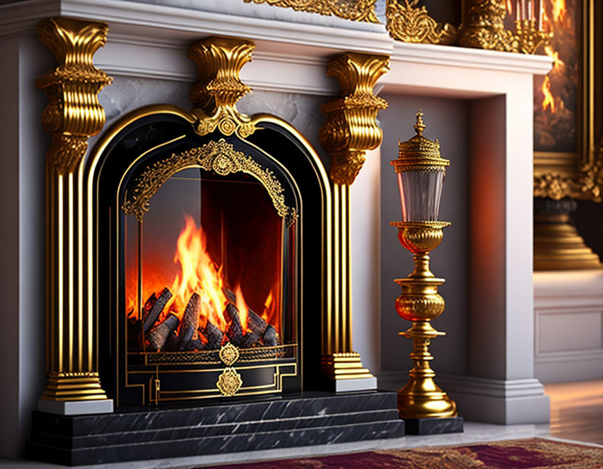 Luxurious Room with Golden Fireplace and Candlestick Holder