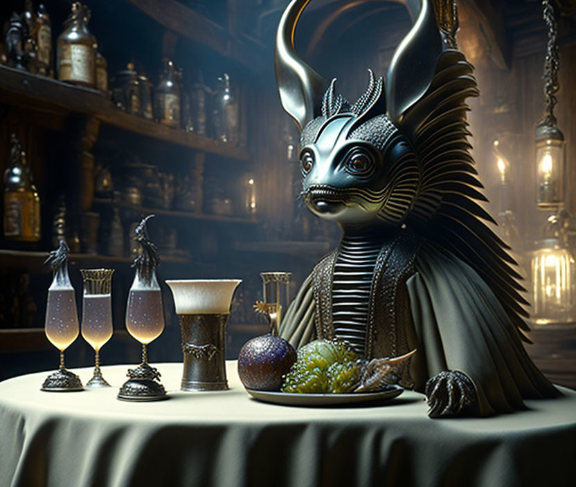 Egyptian-style anthropomorphic jackal figure with goblets and fruit at candle-lit table