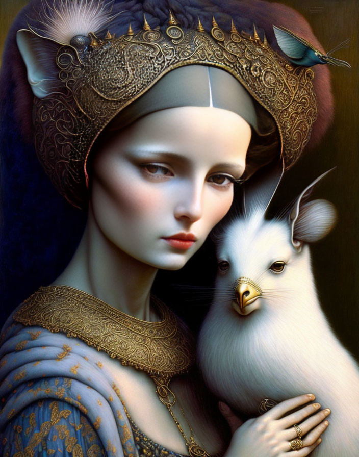 Medieval woman with headdress beside white fantasy creature on dark background