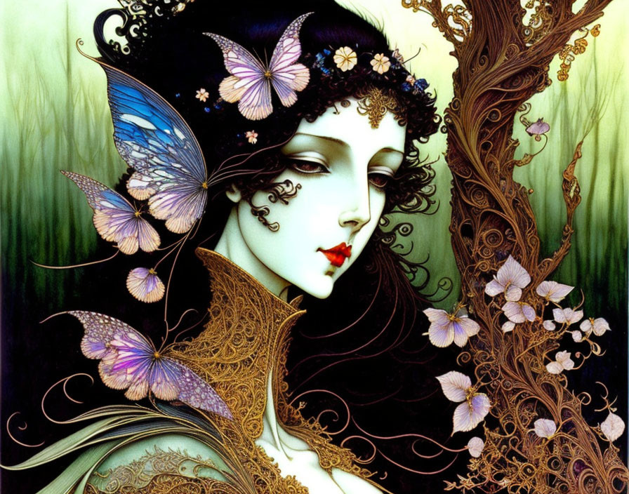 Pale-skinned woman with dark hair, headpiece, butterflies, and filigree details.