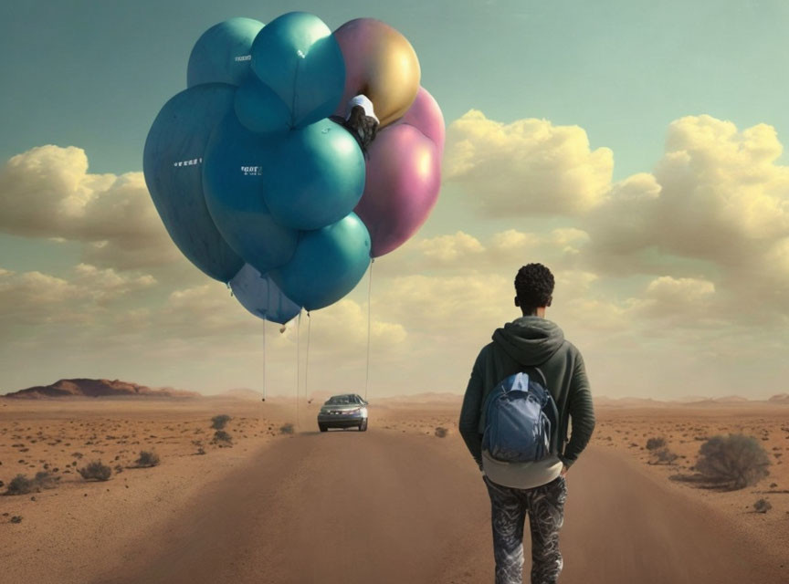 Person watching car lifted by balloons in desert under cloudy sky