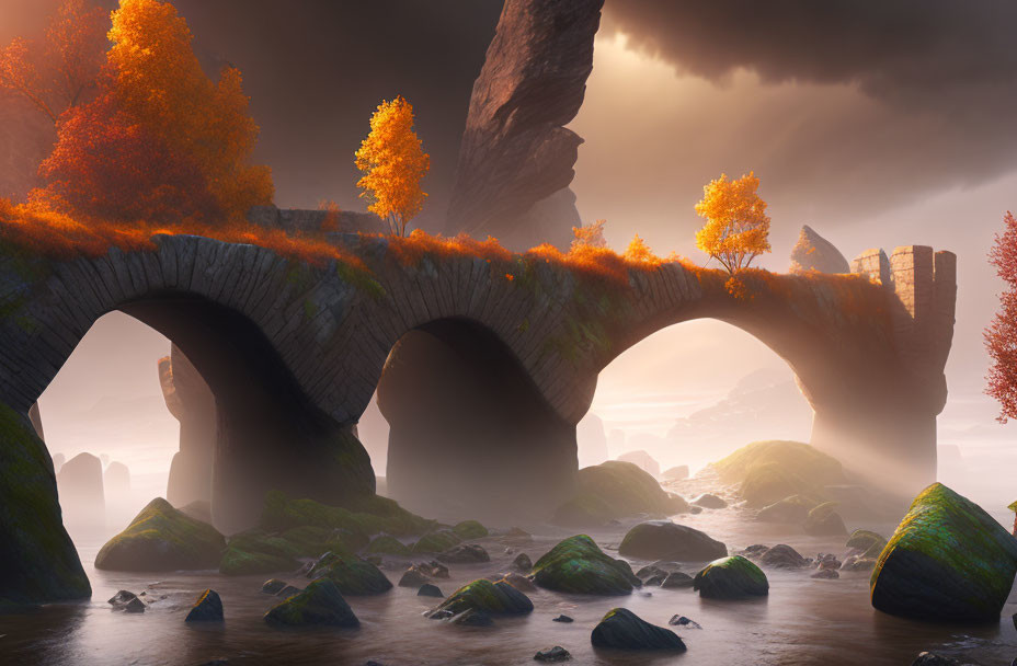 Stone arch bridge with autumn trees under dramatic sky and river with mossy rocks