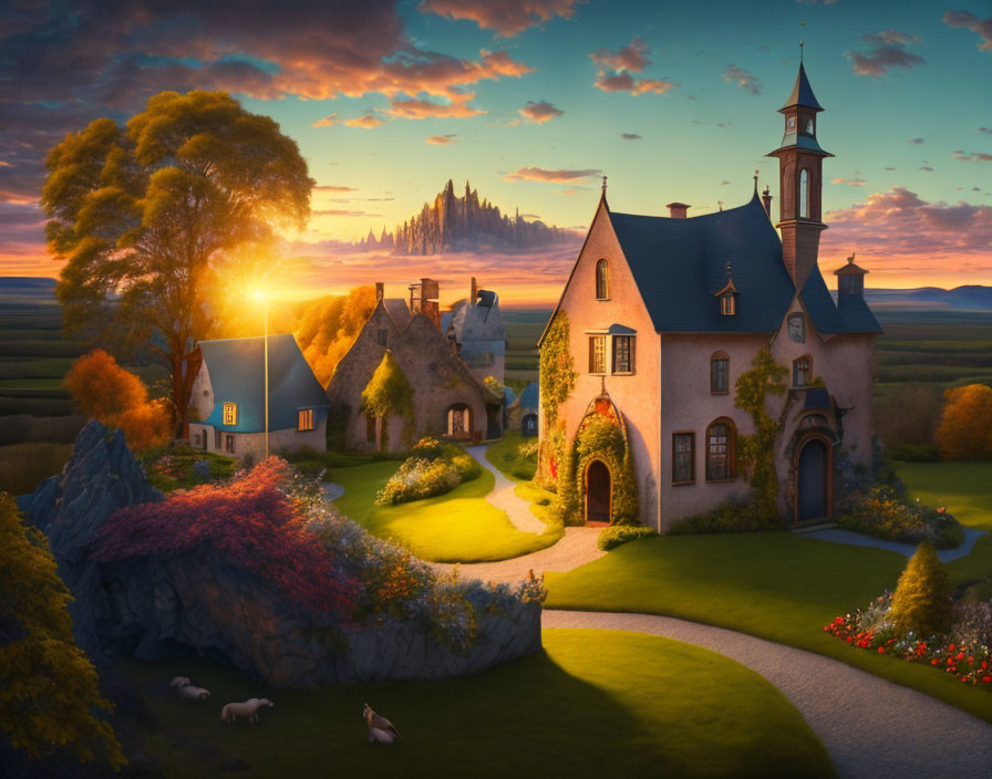 Whimsical fairytale cottage painting with sunset, gardens, sheep, and castle