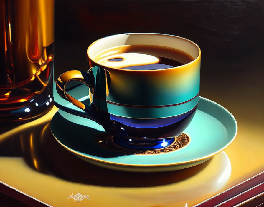 Hyper-realistic Painting: Coffee Cup with Glossy Reflection and Warm Lighting