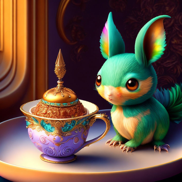 Colorful fantastical creature with rainbow-hued ears next to a golden teacup