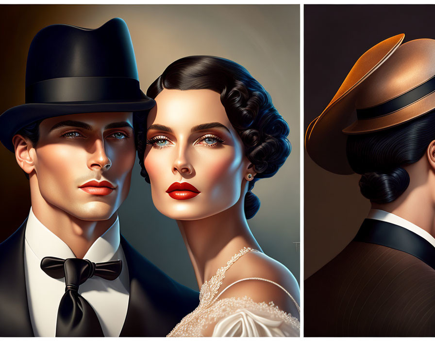 Stylized portraits of classic elegant couple in bowler hat and 1930s hairstyle.