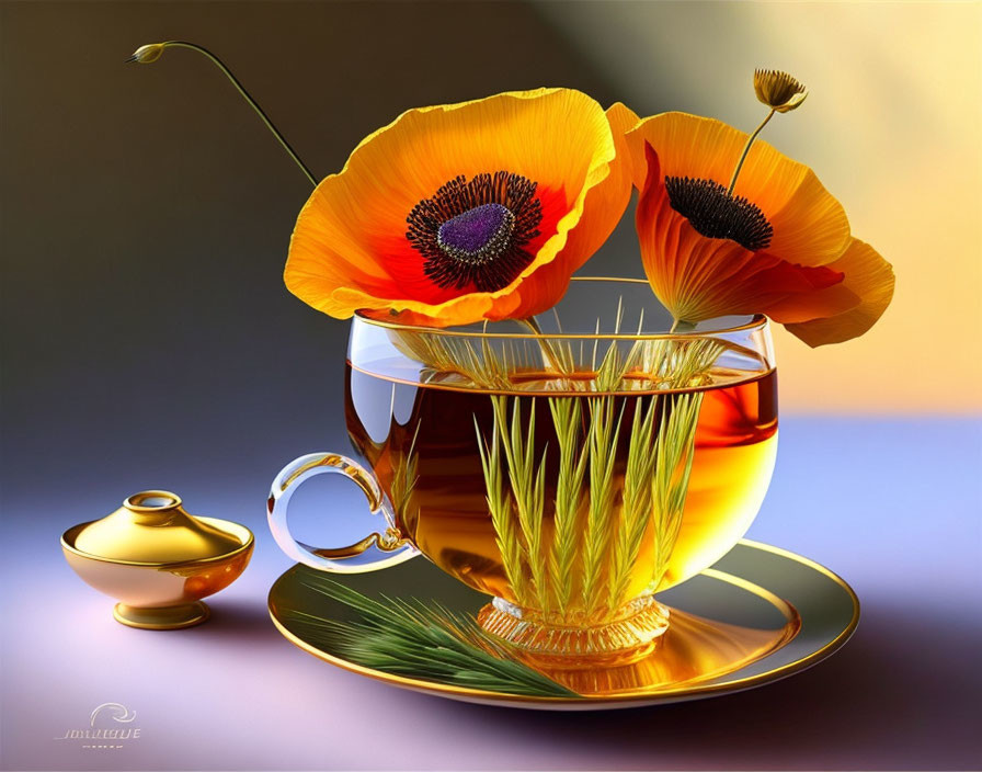 Colorful digital art: Oversized orange poppies in tea cup