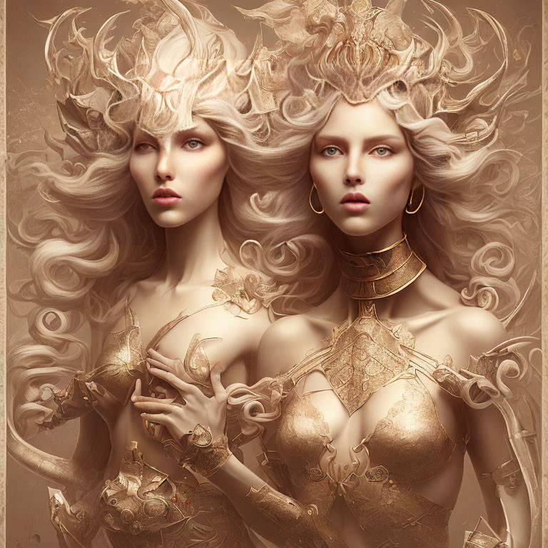 Ethereal women in ornate gold and white attire with whimsical hair and floral accents