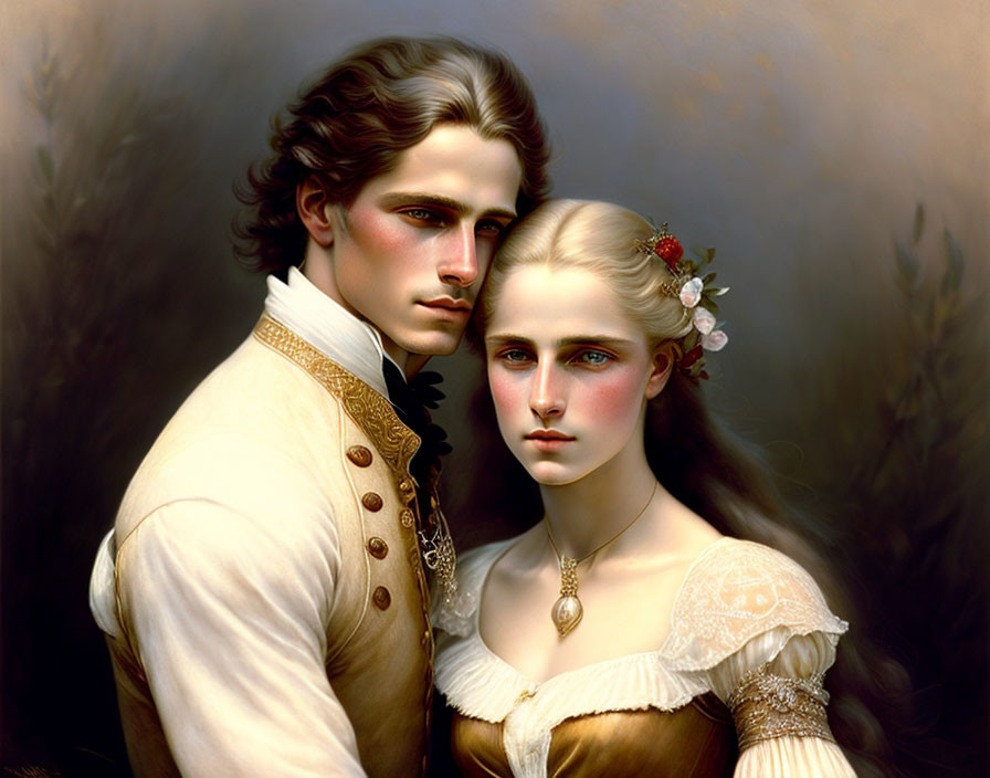 Victorian-era couple in cream and golden attire