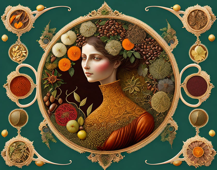 Baroque-inspired portrait featuring woman in ornate frame with fruits and spices.