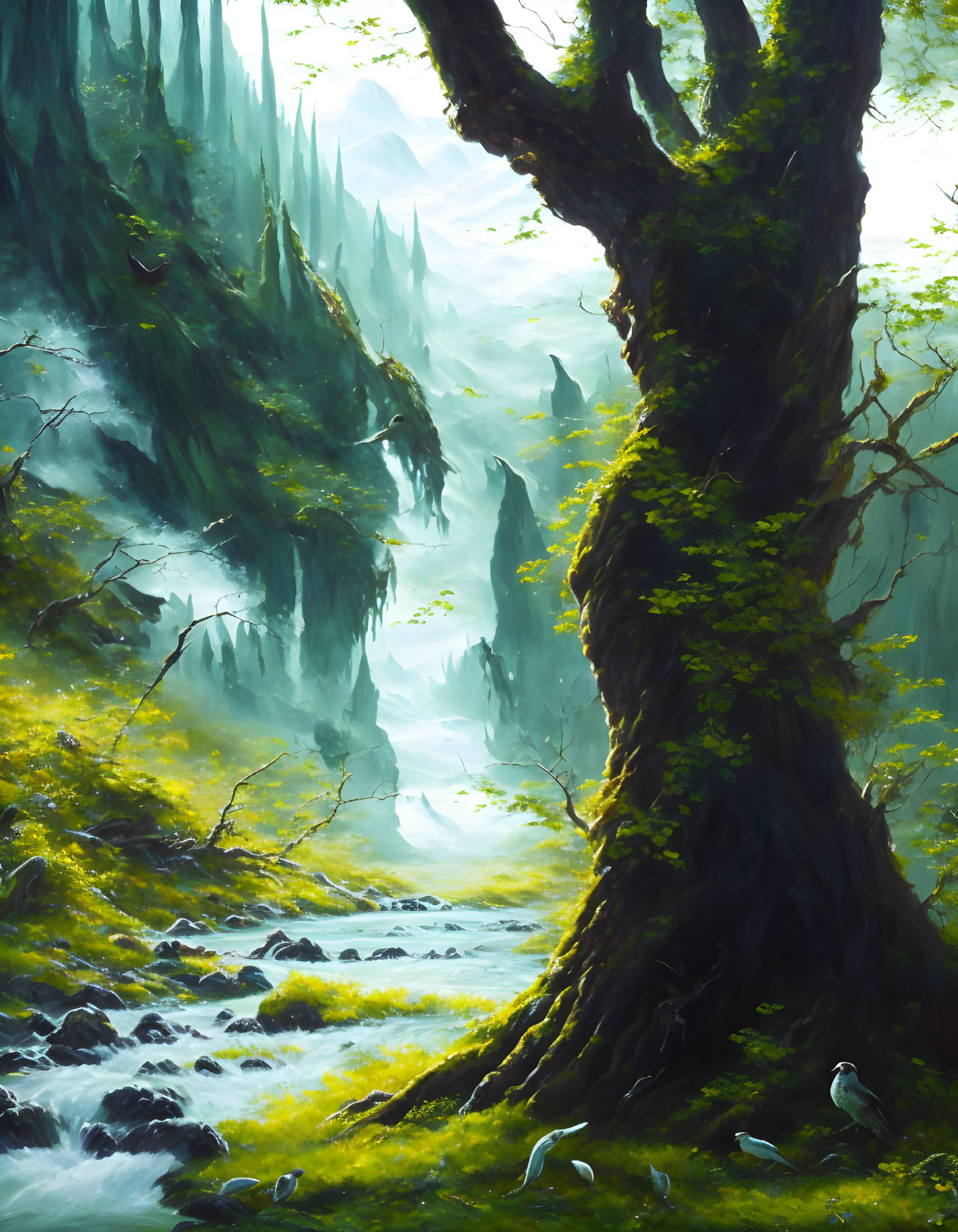 Moss-Covered Tree in Ethereal Forest Scene