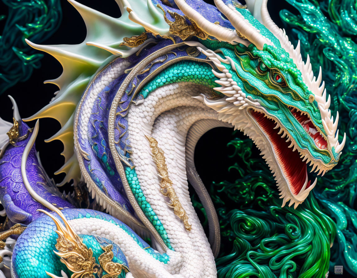 Detailed Serpentine Dragon Sculpture in White, Green, & Purple